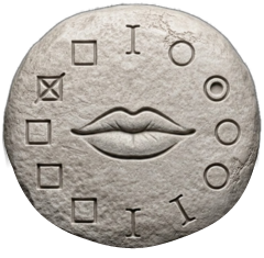 surveychat logo: a round stone tablet with carved lips, checkboxes, and radio buttons
