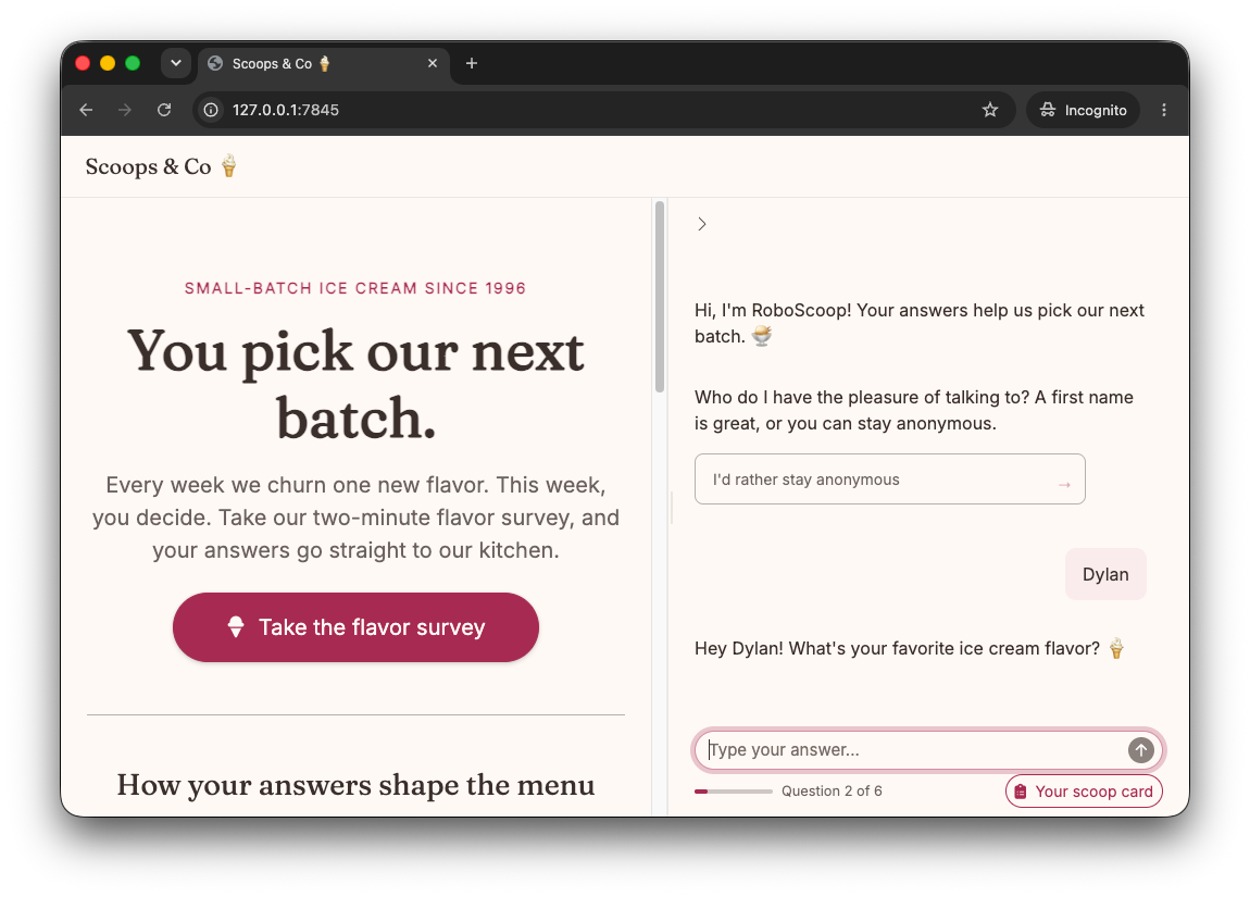 The web page of an ice cream shop. A side panel on the right shows the survey chat. The bot, RoboScoop, greets the user, asks for their name with a card to stay anonymous, and then asks for their favorite flavor.